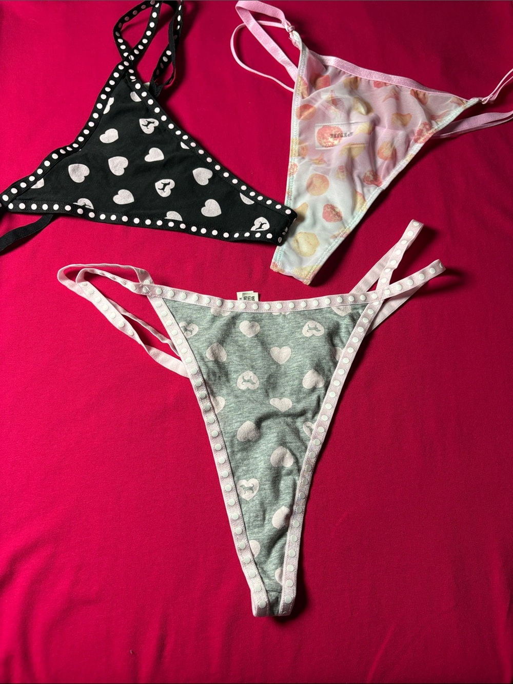 PINK Victoria's Secret Heart-Print Thong Trio - Black, Gray, Pastel Pink
